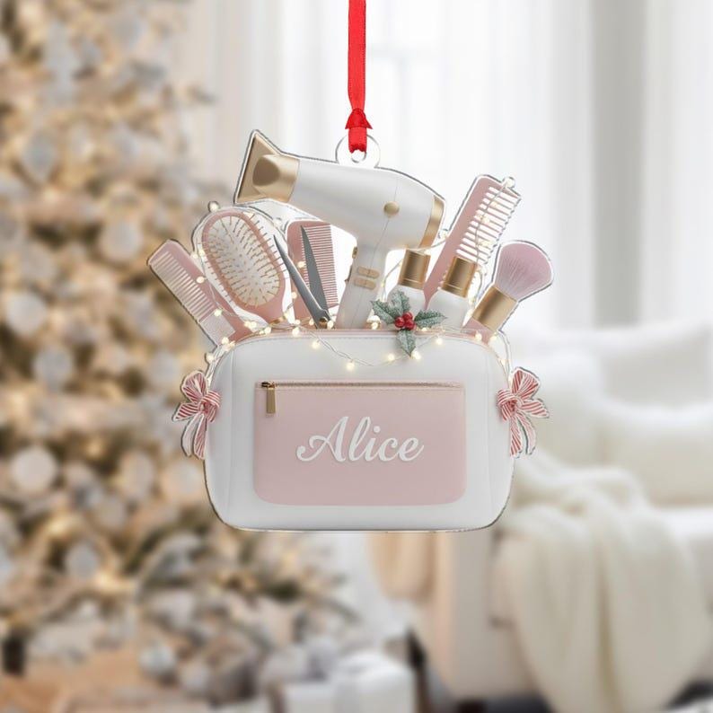 Personalized Hairstylist Ornament Acrylic 2D Flat Tool Bag Christmas Decor, Custom Name Salon Theme Decoration, Hairdresser Gift