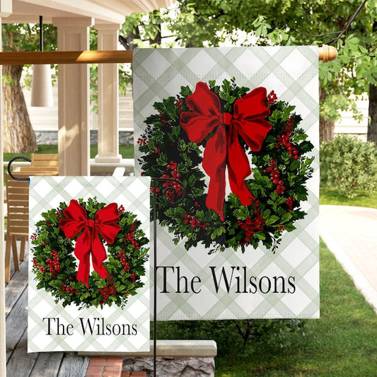 Custom Christmas Wreath Welcome Home Sign Display Garden Flag Family Gift Holidays Home Decor Outdoor Accent Porch Design