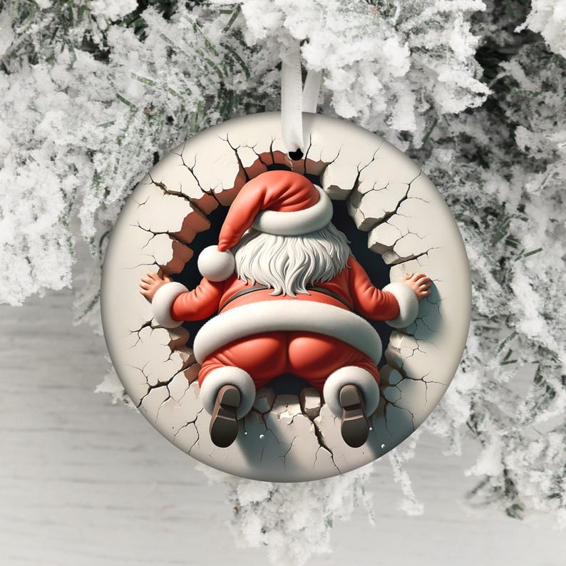 Dual-Sided 3D Effect Santa Claus Ornament, Funny Christmas Decor, Unique Holiday Decoration, Santa in Wall, Humorous Xmas Ornament Gift Idea