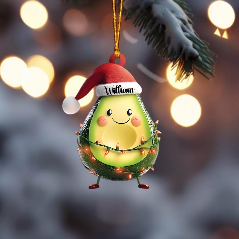 Personalized Avocado 2D Flat Ornament, Cute Santa Hat Acrylic Decor, Funny Christmas Gift for Kids or Friends