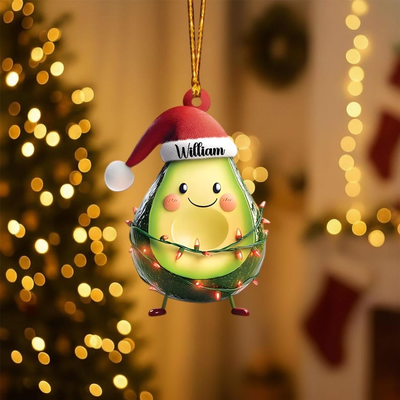 Personalized Avocado 2D Flat Ornament, Cute Santa Hat Acrylic Decor, Funny Christmas Gift for Kids or Friends