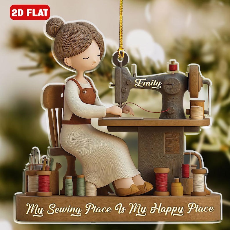 Personalized 2d Flat Name Sewing Girl Christmas Ornament, My Sewing Space Is My Happy Place Xmas Decor, Sewing Machine Ornament, Sewing Gift