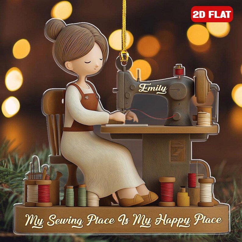 Personalized 2d Flat Name Sewing Girl Christmas Ornament, My Sewing Space Is My Happy Place Xmas Decor, Sewing Machine Ornament, Sewing Gift
