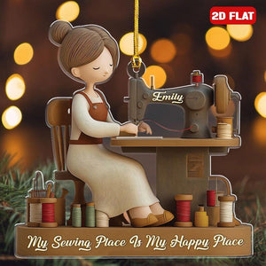 Personalized 2d Flat Name Sewing Girl Christmas Ornament, My Sewing Space Is My Happy Place Xmas Decor, Sewing Machine Ornament, Sewing Gift
