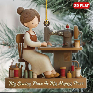 Personalized 2d Flat Name Sewing Girl Christmas Ornament, My Sewing Space Is My Happy Place Xmas Decor, Sewing Machine Ornament, Sewing Gift