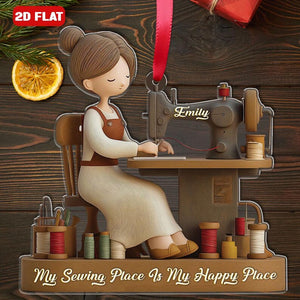 Personalized 2d Flat Name Sewing Girl Christmas Ornament, My Sewing Space Is My Happy Place Xmas Decor, Sewing Machine Ornament, Sewing Gift
