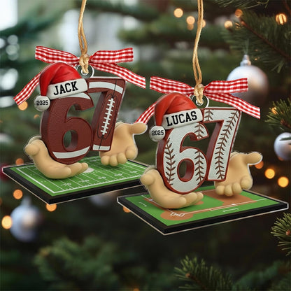 Custom Name 67 Sport Ornament, Soccer Baseball Volleyball Basketball Ornament, Acrylic Funny Slang 67 Ornament, Six Seven Gen Alpha Humor