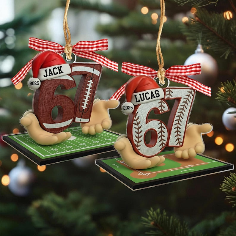 Custom Name 67 Sport Ornament, Soccer Baseball Volleyball Basketball Ornament, Acrylic Funny Slang 67 Ornament, Six Seven Gen Alpha Humor