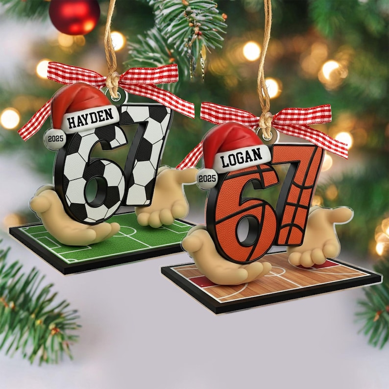 Custom Name 67 Sport Ornament, Soccer Baseball Volleyball Basketball Ornament, Acrylic Funny Slang 67 Ornament, Six Seven Gen Alpha Humor