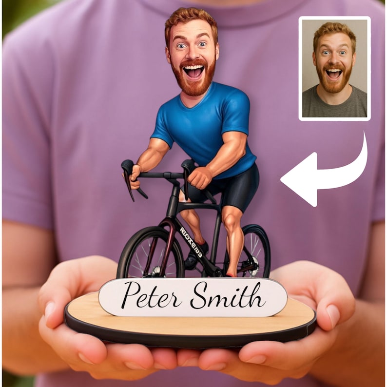 Personalized Cyclist Gift: Custom Wooden Caricature Figurine, Bike Lover Decor, Sports Desk Keepsake
