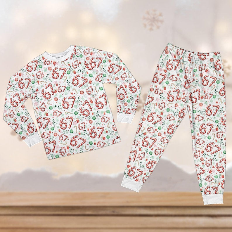 Funny 67 Candy Cane Christmas Pajama Set, 67 Six Seven Christmas Sleepwear, Six Seven Meme Christmas Pajamas, Trending 67 Holiday Pajamas