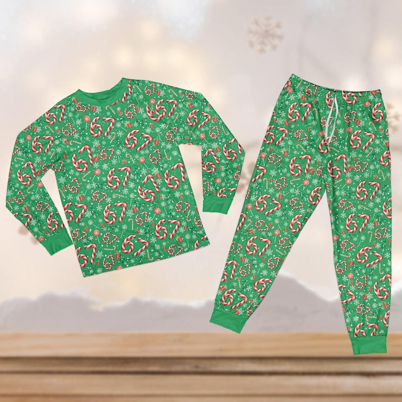 Funny 67 Candy Cane Christmas Pajama Set, 67 Six Seven Christmas Sleepwear, Six Seven Meme Christmas Pajamas, Trending 67 Holiday Pajamas