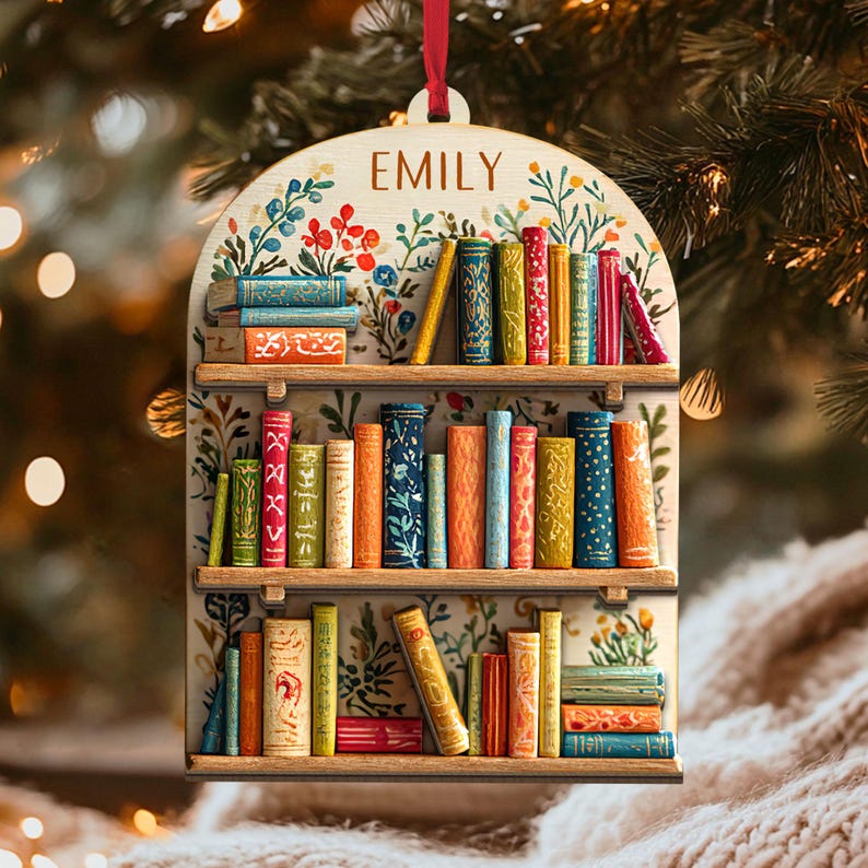 Bookshelf Christmas Ornament, Book Lover Gift, Book Club Ornament Gift, Book Exchange Gift, Bookshelf Decor, Librarian Xmas Gift