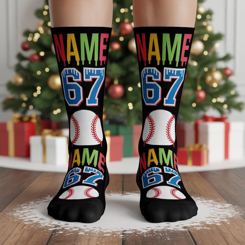 Custom Six Seven 6-7 Fun Meme Tik Tok Gen Alpha Unisex Socks, 6-7 Meme Gift, 6-7 Funny Creams Drips Baseball Socks, Funny Christmas Gift