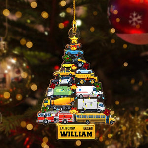 Personalized Truck Ornament, Custom Vehicle Christmas Tree, For Boy Xmas Gift, Son Grandson Keepsake, Fire Truck School Bus Police Car Decor