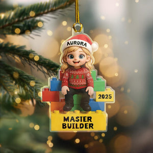 Master Builder Personalized Ornament 2025, Custom Acrylic Christmas Ornament for Kids, Lego Style Ornament Gift for Boys or Girls
