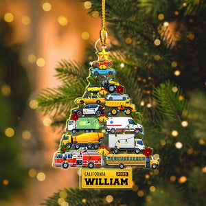 Personalized Truck Ornament, Custom Vehicle Christmas Tree, For Boy Xmas Gift, Son Grandson Keepsake, Fire Truck School Bus Police Car Decor