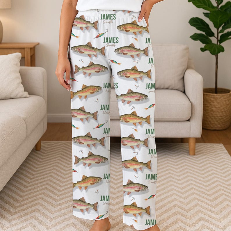 Personalized Trout Fishing Lounge Pants Custom Name Pajama Bottoms, Unique Fisherman Gift