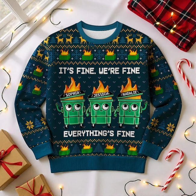 I'm Fine Everything Is Fine Dumpster Fire Funny Office Staff Ugly Christmas Sweater,Holiday Jumper, Funny Xmas Party Top, Friends Gift