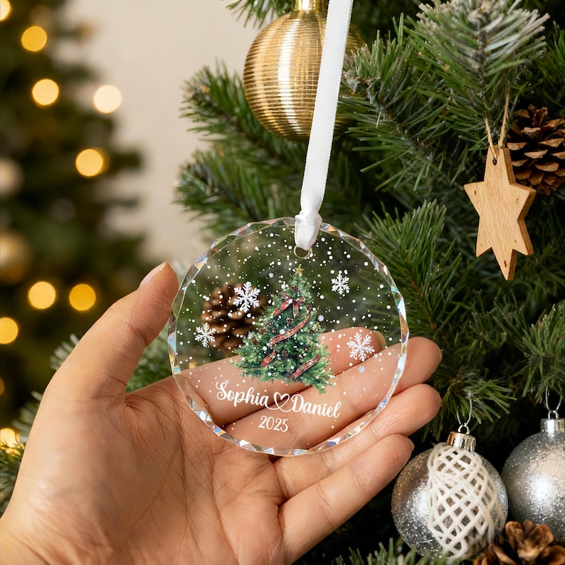 Personalized Christmas Tree Ornament, 2025 Couple Christmas Ornament, Glass Snowflake Holiday Keepsake, Wedding Ornaments, Newlywed Gifts