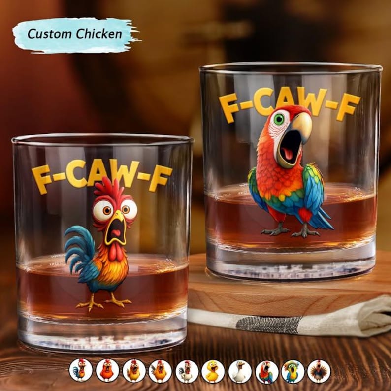 Funny Chicken F-Caw-F - Personalized Whiskey Glass, F-Caw-F Chicken Humor Glass, Funny Rooster Meme Coffee Whiskey Glass, Chicken Lover Gift