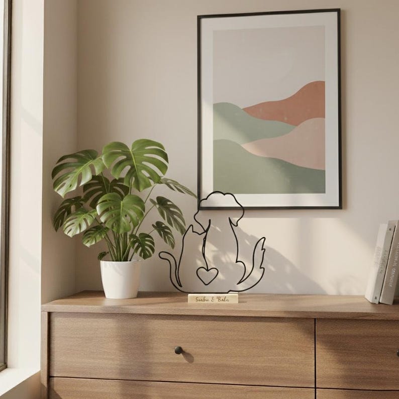 Personalized gift for animal lovers (dog and cat) | Line Art Decor | 3D Printed Display Stand | Pet Memorial