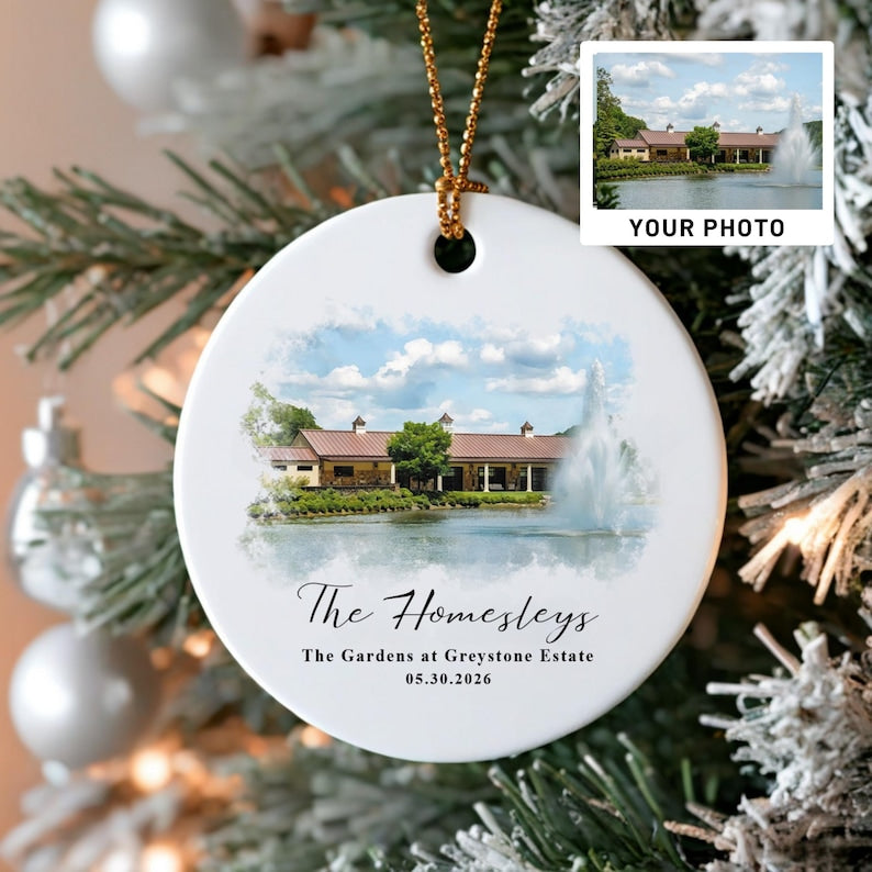 Personalized Wedding Venue Watercolor Ornament, Wedding Location Ornament, Newly Wed Keepsake, Just Married Gift