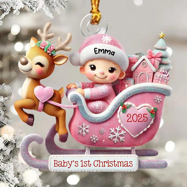 Baby on the Sleigh Ornament,Personalized Baby's First Christams Decoration,2D FLAT Acrylic Keepsake,Xmas Gifts for Newborn