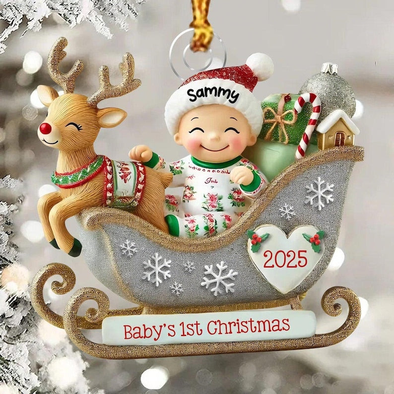 Baby on the Sleigh Ornament,Personalized Baby's First Christams Decoration,2D FLAT Acrylic Keepsake,Xmas Gifts for Newborn