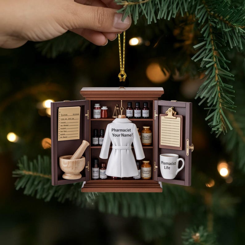 Personalized Pharmacist Christmas Ornament, Miniature Apothecary Cabinet Acrylic Ornament with Custom Name, Pharmacy Student Gift