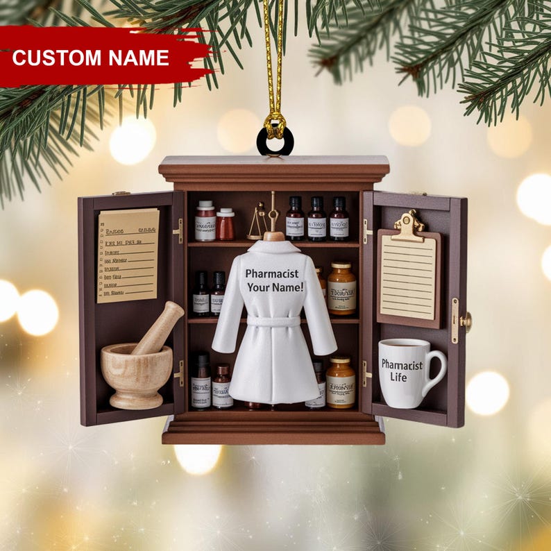 Personalized Pharmacist Christmas Ornament, Miniature Apothecary Cabinet Acrylic Ornament with Custom Name, Pharmacy Student Gift