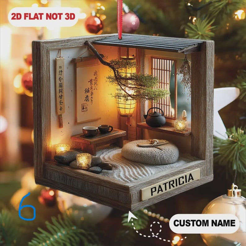 Zen Tea Room Ornament 2025, Japanese Minimalist Miniature, Personalized Christmas Gift For Relaxation Lover