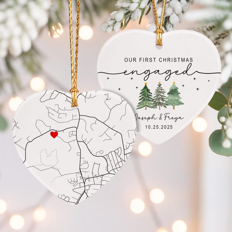 Custom Engagement Map Heart Ornament, First Christmas Engaged Gift