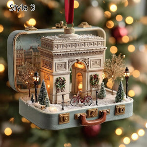 Lighted Paris Suitcase Ornament, Eiffel Tower Christmas Decor, Miniature Diorama, Parisian Scene Holiday Gift, Travel Theme Decoration