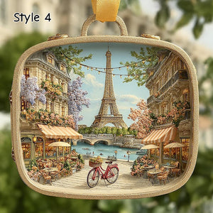 Lighted Paris Suitcase Ornament, Eiffel Tower Christmas Decor, Miniature Diorama, Parisian Scene Holiday Gift, Travel Theme Decoration