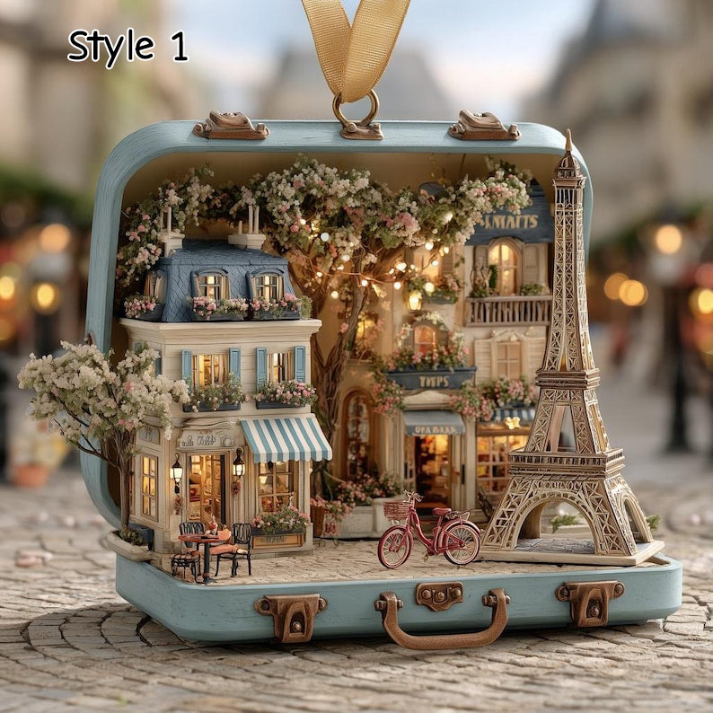 Lighted Paris Suitcase Ornament, Eiffel Tower Christmas Decor, Miniature Diorama, Parisian Scene Holiday Gift, Travel Theme Decoration