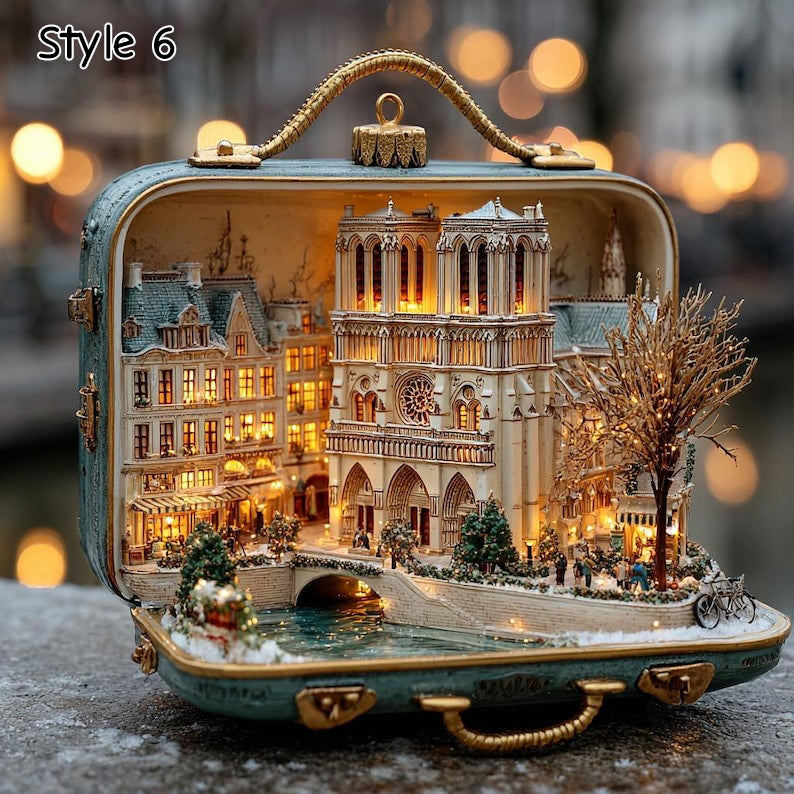 Lighted Paris Suitcase Ornament, Eiffel Tower Christmas Decor, Miniature Diorama, Parisian Scene Holiday Gift, Travel Theme Decoration