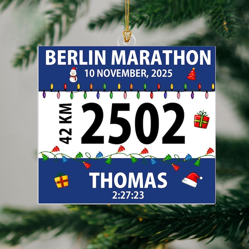 Personalized Race Bib Christmas Ornament, Cross Country Marathon Runner Gifts, Custom Running Christmas Tree Decor, Gift for Marathon Lovers