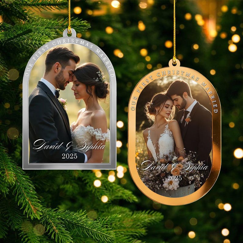 Custom Photo First Christmas Engaged Ornament, Personalized Engagement Ornament, Newlywed Gift For Couple, Wedding Keepsake, 1st Married