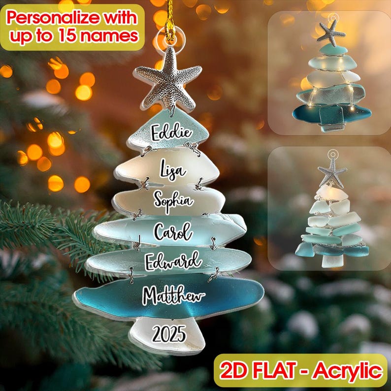 Personalized Family Sea Glass Effect 2D FLAT Acrylic Ornament, Custom Name Ocean Style Family Keepsake, Holiday Gift For Beach Lovers