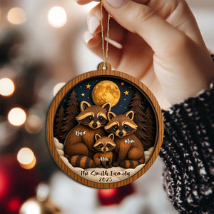 Personalized Raccoon Family Layered Wood Ornament, Custom Name Christmas Tree Ornament, Woodland Animal Home Decor, Holiday Gift for Family