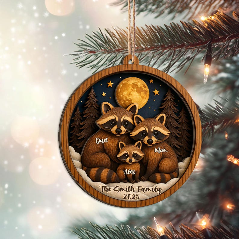 Personalized Raccoon Family Layered Wood Ornament, Custom Name Christmas Tree Ornament, Woodland Animal Home Decor, Holiday Gift for Family