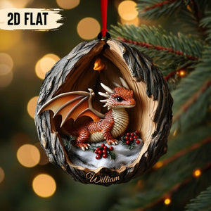 Custom Name Fire Dragon in Snowy Hollow 2D Flat Printed Wooden Ornament Fantasy Dragon Christmas Tree Decor, Not 3D,Dragon Lover Gift 2025