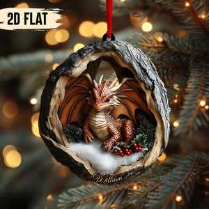 Custom Name Fire Dragon in Snowy Hollow 2D Flat Printed Wooden Ornament Fantasy Dragon Christmas Tree Decor, Not 3D,Dragon Lover Gift 2025