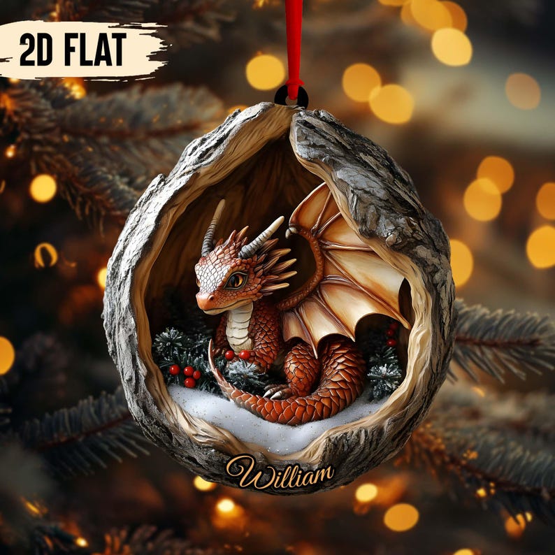 Custom Name Fire Dragon in Snowy Hollow 2D Flat Printed Wooden Ornament Fantasy Dragon Christmas Tree Decor, Not 3D,Dragon Lover Gift 2025