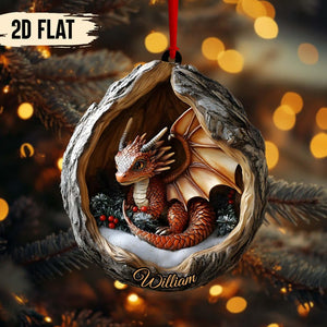 Custom Name Fire Dragon in Snowy Hollow 2D Flat Printed Wooden Ornament Fantasy Dragon Christmas Tree Decor, Not 3D,Dragon Lover Gift 2025