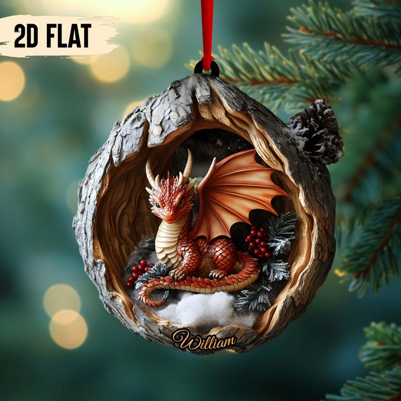 Custom Name Fire Dragon in Snowy Hollow 2D Flat Printed Wooden Ornament Fantasy Dragon Christmas Tree Decor, Not 3D,Dragon Lover Gift 2025