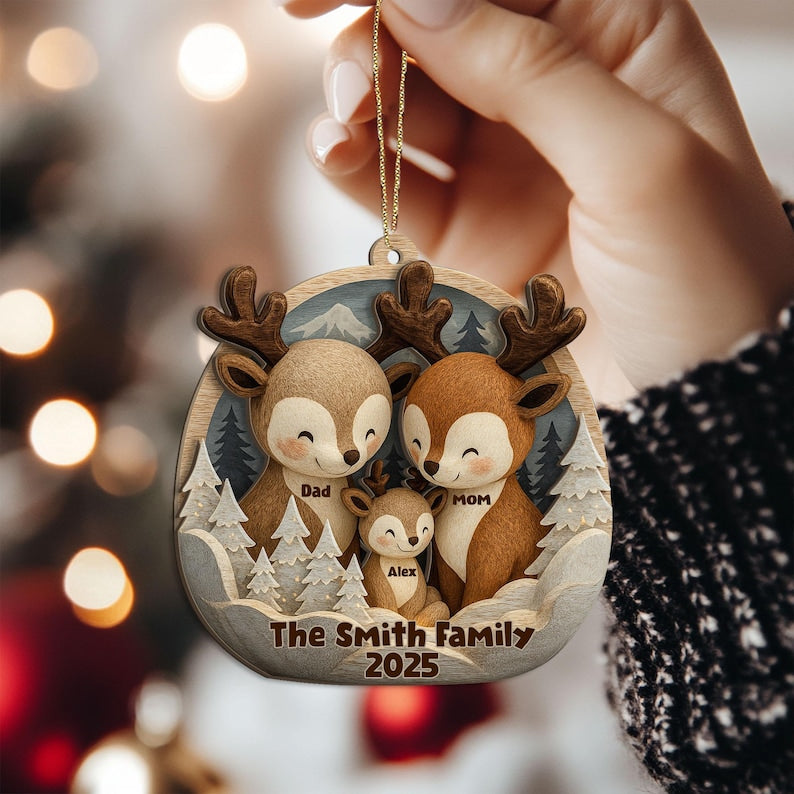 Personalized Deer Family Layered Wood Ornament, Custom Reindeer Christmas Tree Ornament, Woodland Animal Home Decor, Holiday Gift for Family