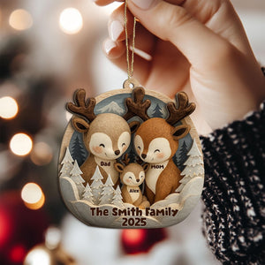 Personalized Deer Family Layered Wood Ornament, Custom Reindeer Christmas Tree Ornament, Woodland Animal Home Decor, Holiday Gift for Family