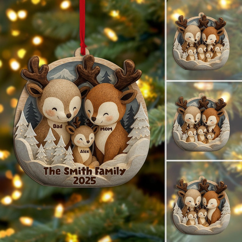 Personalized Deer Family Layered Wood Ornament, Custom Reindeer Christmas Tree Ornament, Woodland Animal Home Decor, Holiday Gift for Family